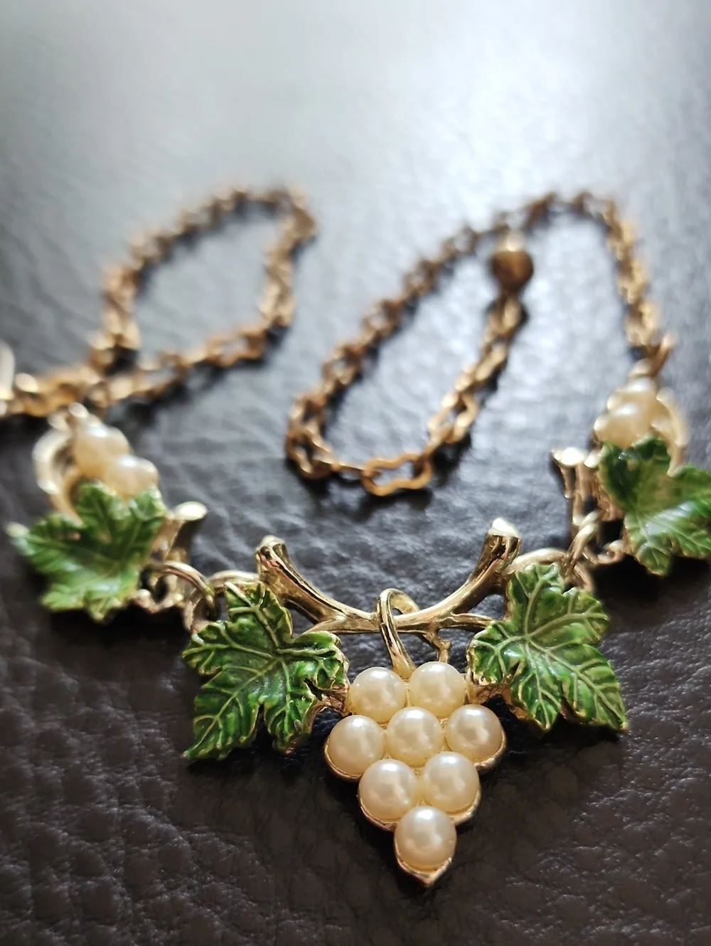 VTG Pearl Grape Cluster Necklace with Green Enamel Leaves